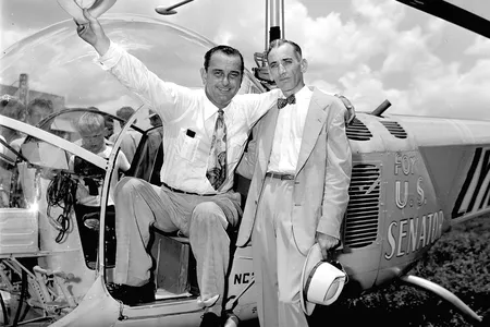 During his 1948 Senate campaign, Lyndon Johnson (hat raised) won voters with novelty—a new way to travel—and convention (posing for photos).