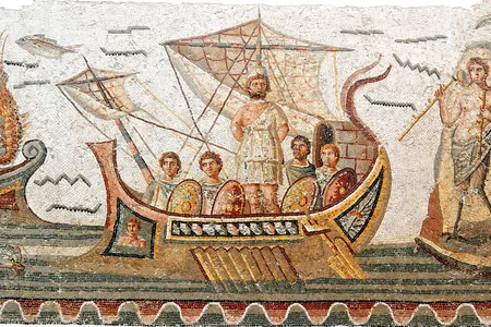 This third-century mosaic discovered at Dougga depicts a scene from Homer's epic poem The Odyssey in which Ulysses and his crew avoid the lure of Sirens. It is significant for being among the few ancient illustrations of the passage.
