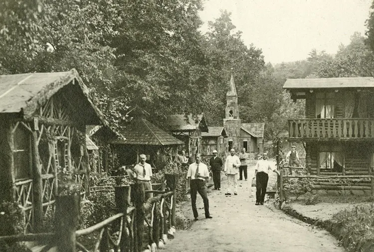 Village street with church, Hot Springs, NC