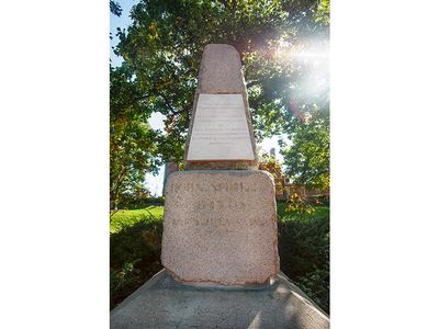 The Thomas Jefferson original granite base and obelisk is now complete with a Smithsonian-made reproduction of the marble plaque and on view at the University of Missouri.