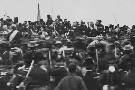 One of just two confirmed photographs of Abraham Lincoln (seated in center, facing the camera) at Gettysburg on the day of his address