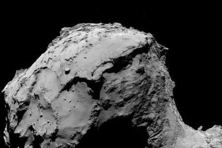 This Rosetta image of the “head” of the comet, which resembles the shape of a duck, was taken from a distance of about 10 miles during the final descent on September 30. 