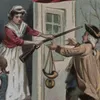illustration of a woman handing a musket to a militiaman at the doorway of a home while a child stands nearby and soldiers gather in the background.
