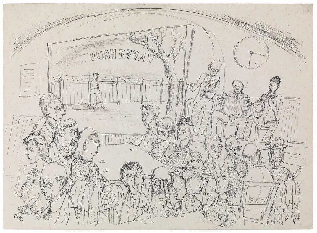 Fritta’s drawing of the Terezin café captures the vacant looks in the prisoners’ eyes.