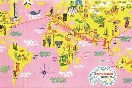Flight map of Air India destinations from 1962. 