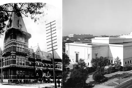 Left: Baltimore and Potomac Railroad Terminal, 6th Street & Constitution Avenue, Washington, D.C. Opened in 1873, demolished in 1908.
Right: View of the Constitution Avenue entrance, north side, of the National Gallery of Art.