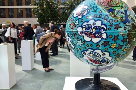 Damian Le Bas' "Globe IV" (2016) on display at the launch event for the European Roma Institute for Arts and Culture.