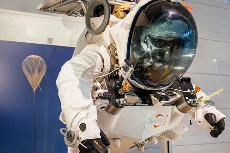 The suit Alan Eustace wore during his record-breaking freefall jump in October 2014 is on view at the Smithsonian's Udvar-Hazy Center in Chantilly, Virginia. 