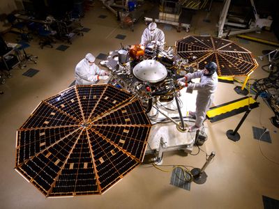 NASA's InSight lander inside a clean room at Lockheed Martin Space Systems, Denver.
