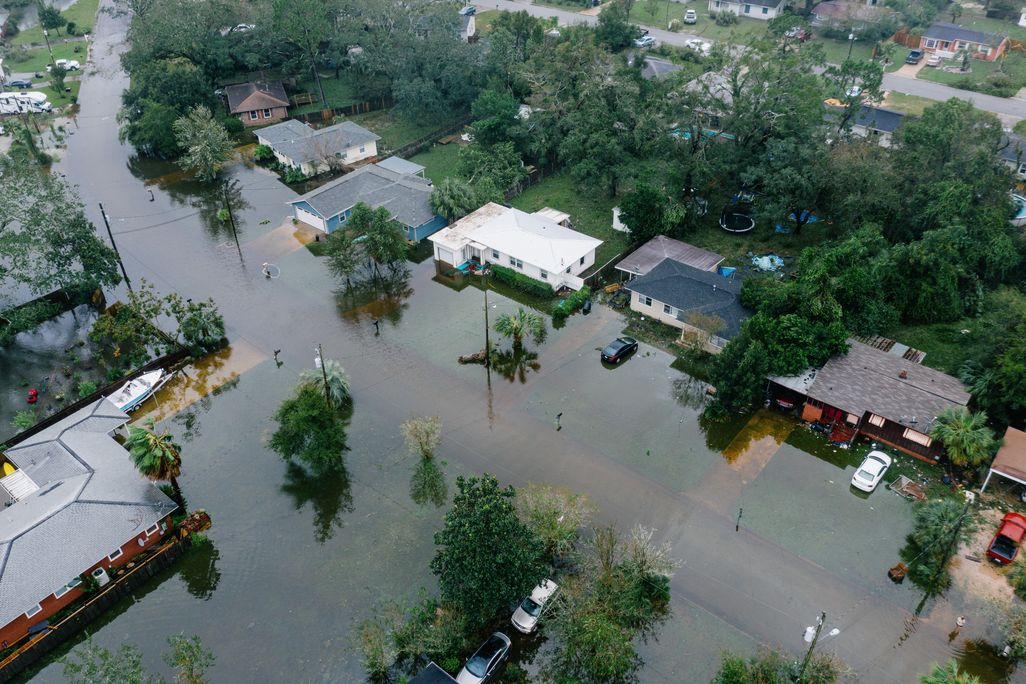 Arial image over Pensacola, Florida of a residential areas with roads flooded