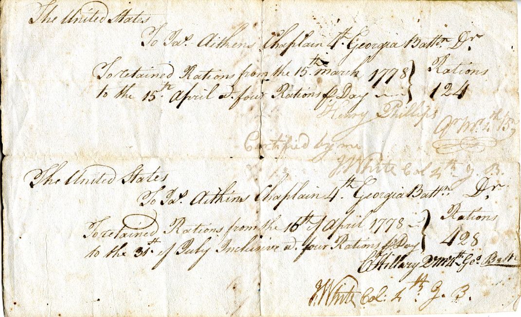 An Army rations receipt that belonged to Jewish patriot Mordecai Sheftall, who served as commissary and then colonel for the Continental Army