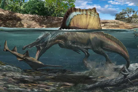A Spinosaurs hunts a Onchopristis underwater. Dense bones helped the predator swim at depth.