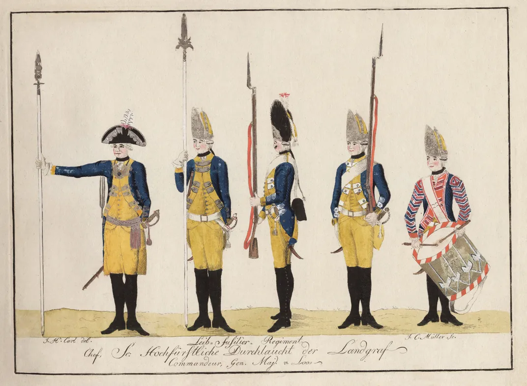 An illustration of Hessian soldiers in uniform