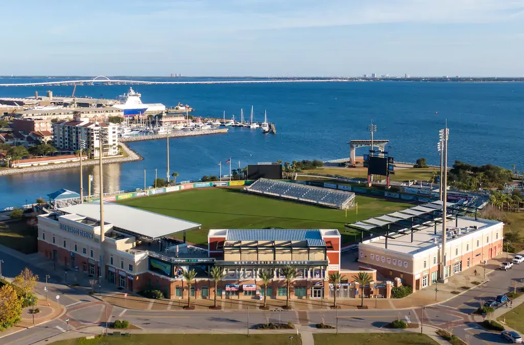 Baseball stadium with water in the background