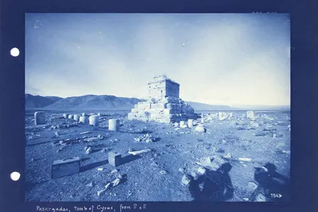 The mausoleum of Cyrus in a cyanotype from a glass plate negative from the papers of Ernst Herzfeld.