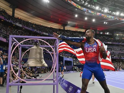 American sprinter Noah Lyles rang the Paris 2024 bell after winning the men&#39;s 100-meter final.