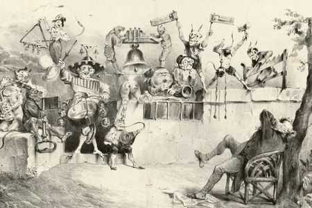 A lithograph by French caricaturist J. J. Grandville depicts the torture of too much noise.