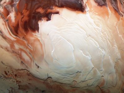 The newly found underground lake is near the ice-capped Martian south pole, which is pictured here by the Mars Express spacecraft that also carries the MARSIS radar instrument.
