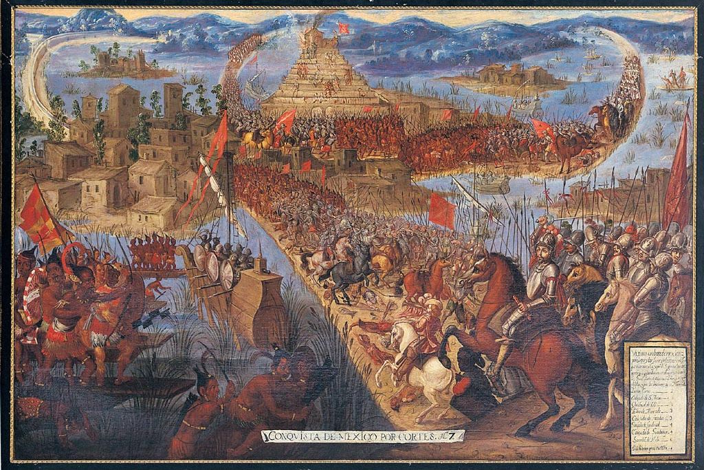 A painting depicts the fall of Tenochtitlán in 1521