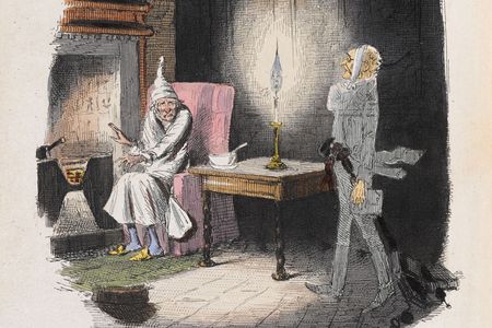 Boo! Telling ghost stories on Christmas was a tradition for hundreds of years. Here, Marley's ghost surprises Ebenezer Scrooge in an illustration from the first edition of the classic tale.