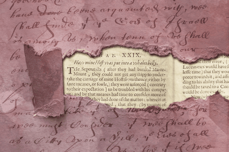 A GIF of a paper with "a church upon a hill" speech unfurling over a page from Thomas Morton's "New Canaan English"