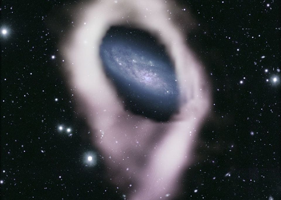 A blue main disk of a galaxy surrounded by a white ring of hydrogen gas.