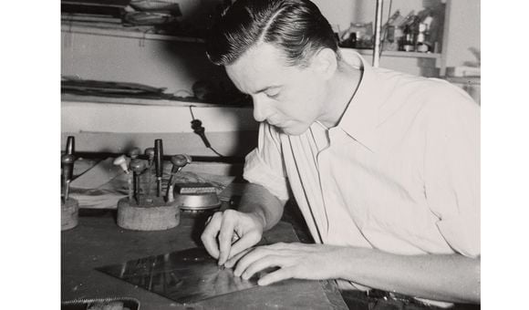 Photograph of Fred Becker creating an etching plate at Atelier 17 in New York City (detail), 194- / unidentified photographer. Fred Becker papers, 1913-2004, bulk 1940-2000. Archives of American Art, Smithsonian Institution.