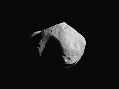 Asteroid 253 Mathilde, as seen by the Shoemaker-NEAR spacecraft in 1997. This asteroid is a C-type, which is the likely class of object to contain chemically bound water.