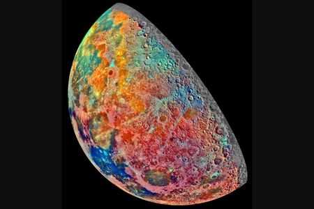 The false-color mosaic shows how features on the Moon differ from each other because of its meteoric impacts and volcanic past.


