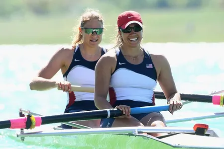 Anna Goodale (right) and Zsuzsanna Francia (left) compete in the women's pairs event at the FISA Rowing World Cup in Germany in 2008.