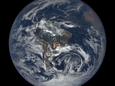 DISCOVR captured a glint over South America. Scientists now think that horizontal ice crystals in the troposphere account for the phenomenon, which can be viewed from deep space. 
