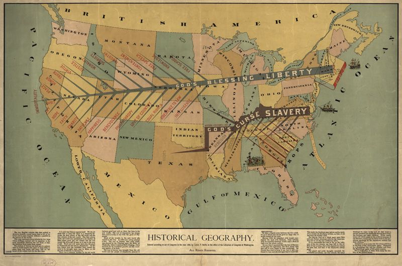 U.S. map. One large arrow beginning in Jamestown, Virginia cuts through the U.S. South, labeled “God’s Curse Slavery.” Another arrow, starting in Plymouth, Massachusetts, cuts through the U.S. North, labeled “God’s Blessing."