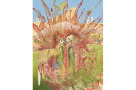 Separate Working Things I, vegetable color, dry pigment, watercolor and tea on walk paper, 1993-1995. The painting borrows archetypal images of romantic love. 
