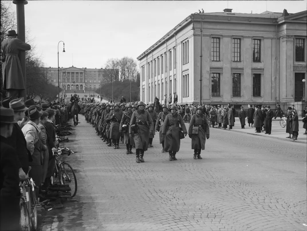 German soldiers marching through Oslo on the first day of their invasion of Norway in April 1940