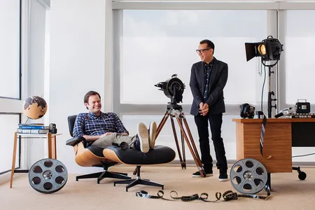 Bill Hader and Fred Armisen share a laugh at the Broadway Video offices in Beverly Hills, CA, surrounded by the tools of their trade for their new series, Documentary Now.