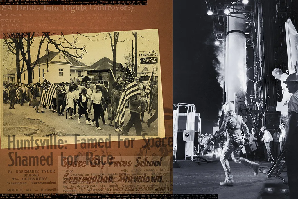 When Alan Shepard strode out to the Mercury-Redstone rocket in May 1961 (above, right), NASA was scarcely integrated. By 1965, at the time of the Selma-to-Montgomery, Alabama civil rights march (above, left), the Huntsville rocket center employed several 