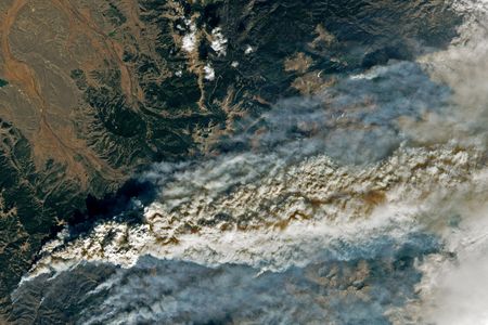 Colorado's two largest fires in state history seen from space via Landsat 8. The Cameron Peak fire is on the upper right and the East Troublesome fire is on the lower left; the fires have burned more than 190,000 and 200,000 acres, respectively.