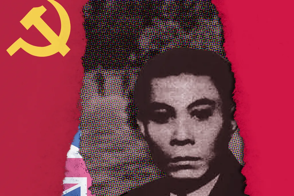 Illustration of Lai Tek in front of the Malayan Communist Party flag