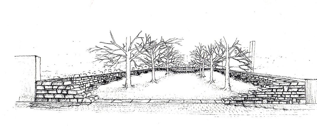 Black and white concept drawing of a low stone wall surrounding a courtyard with bare trees.