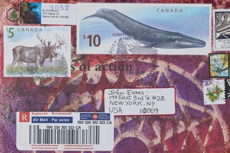 Envelope decoration was always a staple of the mail art experience. This colorful letter was sent from performance artist Anna Banana (Anna Lee Long) to collagist John Evans in 2010.