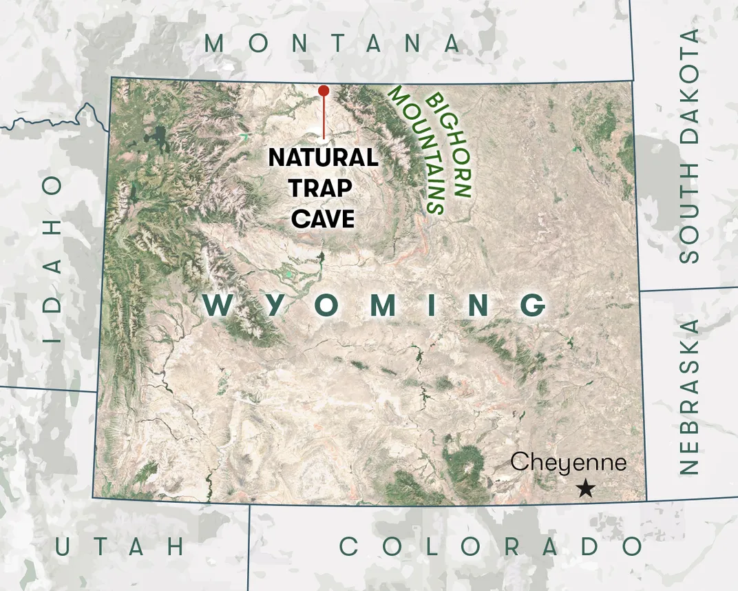 MAP - Nestled west of the Bighorn Mountains, the shadowy opening of Natural Trap Cave ensnared unwitting Pleistocene-era animals as they migrated into present-day North America across the land in the Ice-Free Corridor.