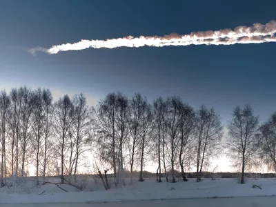 The Chelyabinsk meteor comes screaming in at Mach 60 over Russia in 2013. This 20-meter-or-so object broke up in the atmosphere, but the shock wave caused 1,600 injuries and damaged more than 7,000 buildings. Think what an impactor seven times bigger could do.