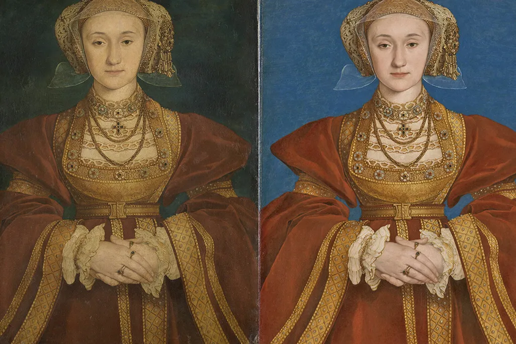 Hans Holbein the Younger's 1539 portrait of Anne of Cleves before (left) and after (right) conservation