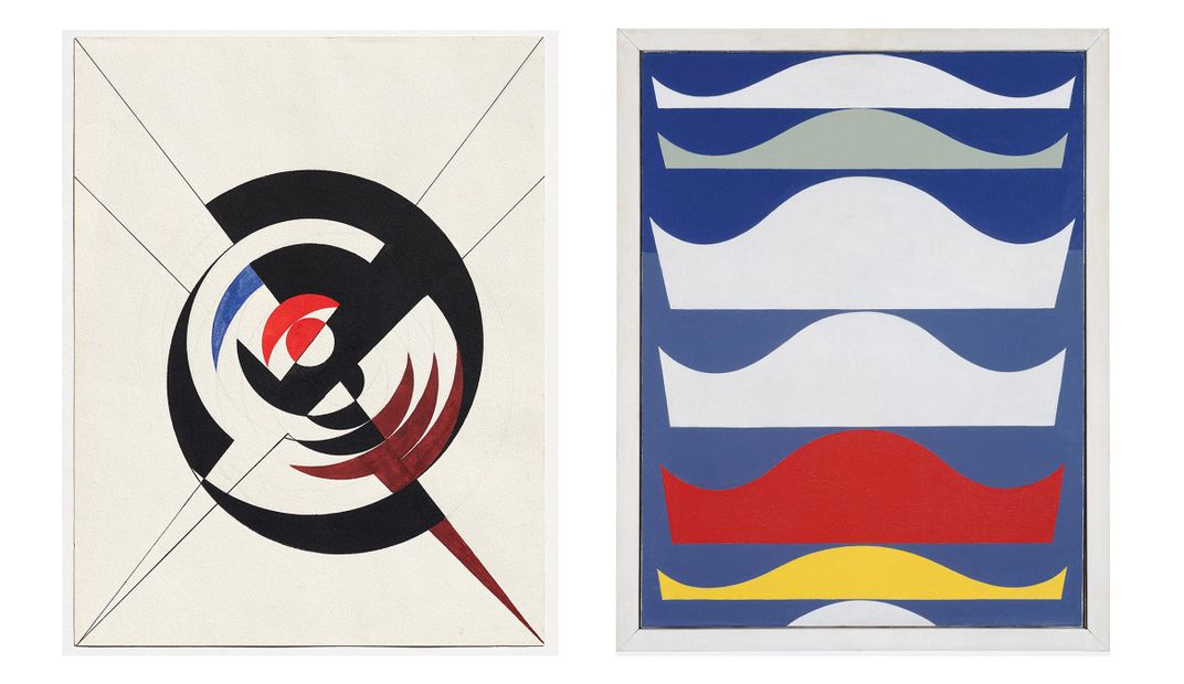 Left, Sophie Taeuber-Arp, Construction d’un cercle noir et segments bordeaux, rouges et bleus, 1942. Right, Sophie Taeuber-Arp, Farbige Staffelung, 1939. 
