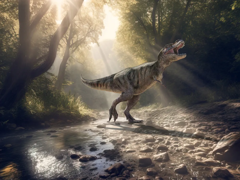 an illustrated T. rex stands and roars in a misty forest