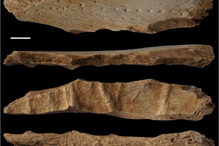 The bone fragment from four different angles, with a white scale bar representing one centimeter. The flat side of the bone contains puncture marks that suggest it was a punch board used for tailoring hides.