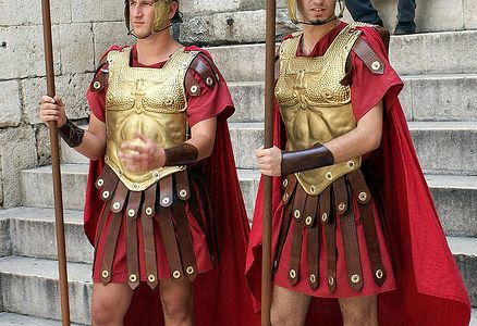 Two men reenact Roman military life in Split, Croatia.