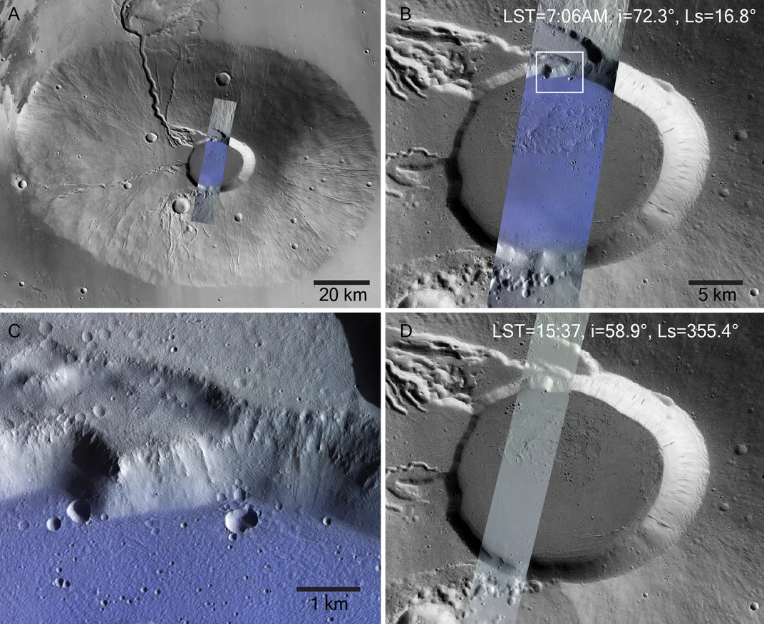 Four images, captured by the ESA's Trace Gas Orbiter, show evidence of water frost on Ceraunius Tholus.