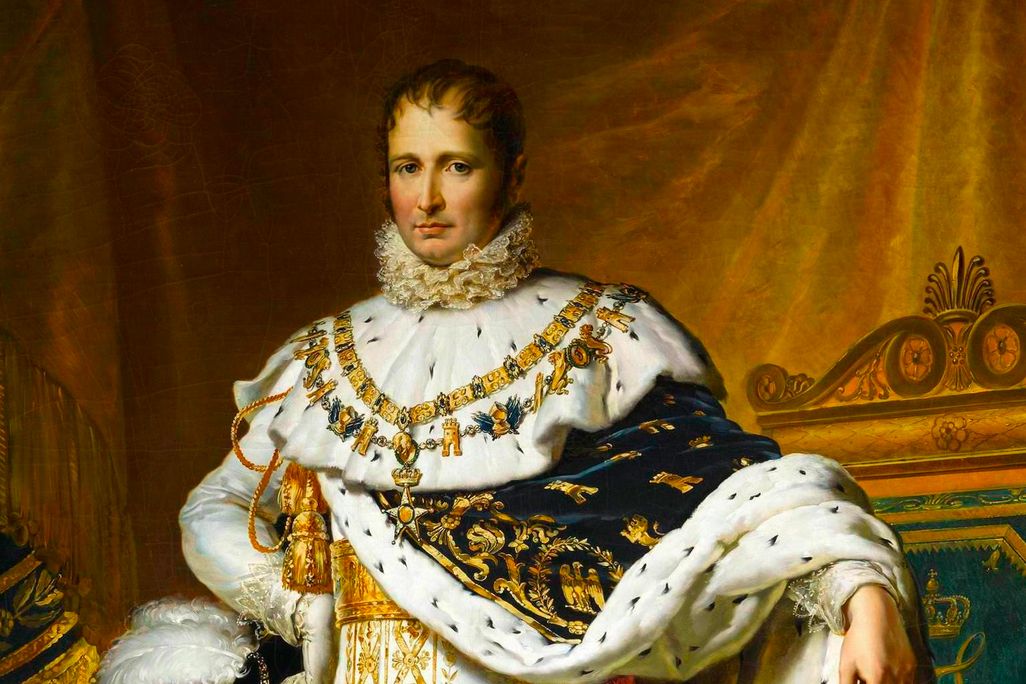 A state portrait of Bonaparte, standing in a regal position bedecked in extravagant furs, finery, gold, and white silk; he holds a scepter in one hand and stands in front of an elegant gold curtain