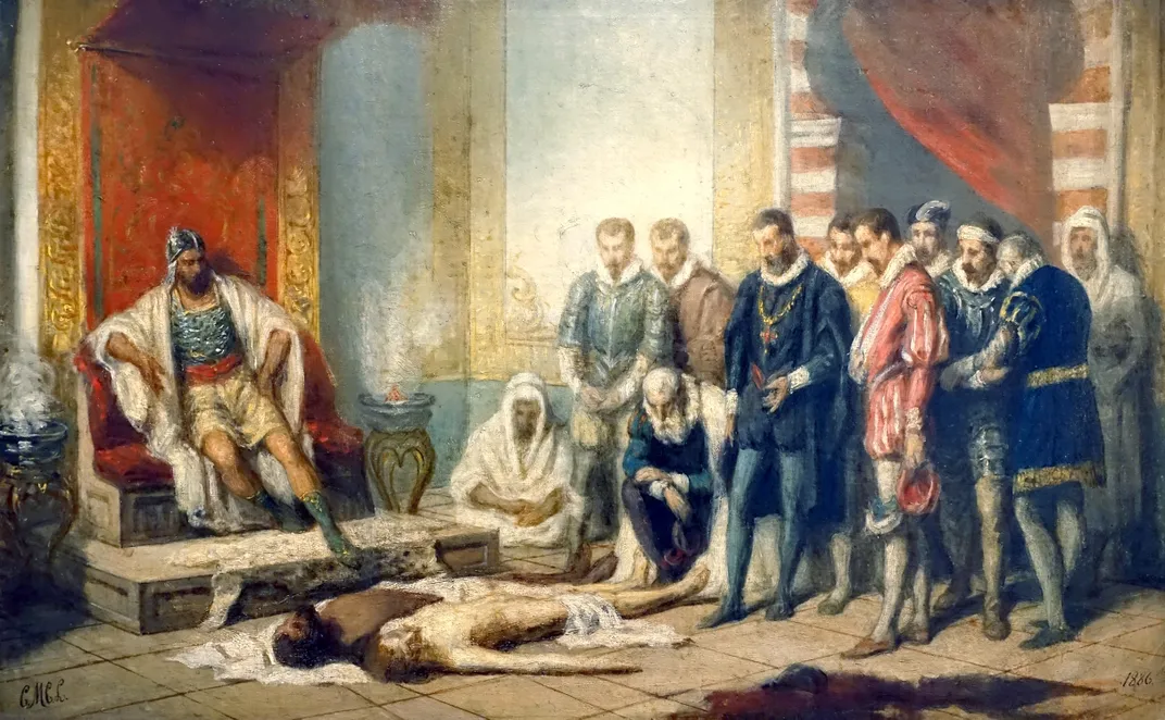 An 1886 painting of the presentation of the corpse of King Sebastian of Portugal to Ahmad al-Mansur, sultan of Morocco